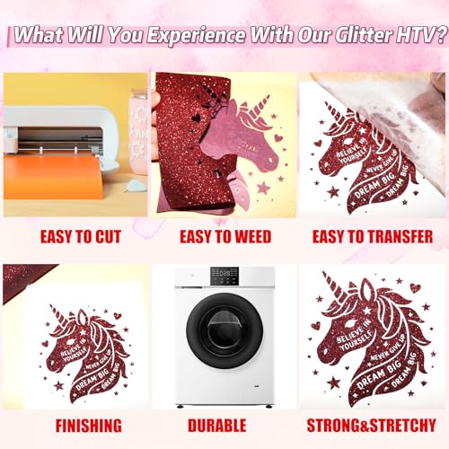 Image of Red Glitter Heat Transfer Vinyl Red Glitter Vinyl Glitter HTV Vinyl Rolls Pack 12Inch x 5Feet Iron on Vinyl for Cricut T-Shirts DIY Design, Silhouette Cameo & Heat Press Machine