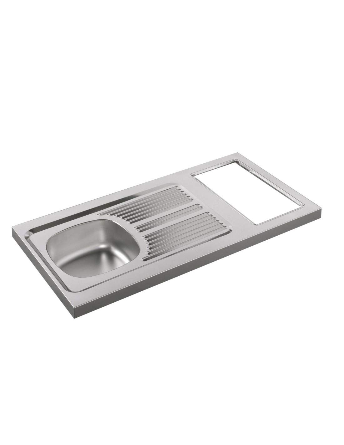 Evier cuisinette en inox 18/10, hauteur 5 cm, 1 cuve, découpe pour domino, vidage complet, bonde diamètre 6 cm, bouchon