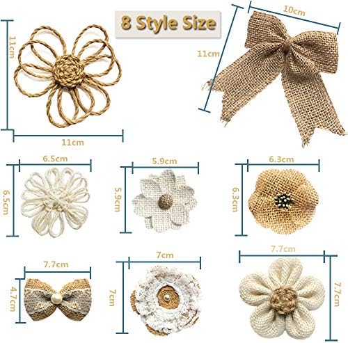 25PCS Handmade Natural Burlap Rose Flowers for Crafts, Jute Twine Burlap Flowers and Pearls Bow Rustic Burlap Decoration 8 Styles with 1 Lace Burlap Ribbon Roll for DIY Craft Wedding Party Christmas