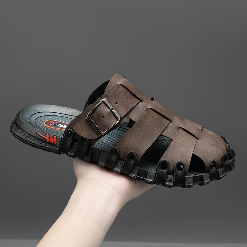 Image of Mens Leather Beach Slides Sandals For Men Closed Toe Hiking Outdoor Athletic Casual Walking Sandals Water Shoes Summer Fisherman