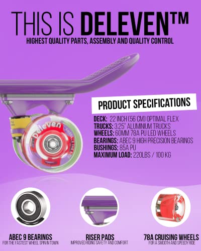 Deleven 22” Skateboard With Light Up Wheels - Beginner Skateboard For Kids Girls & Boys - Best For Ages 6-12 & Great Retro Mini Cruiser For College Students #TOP4
