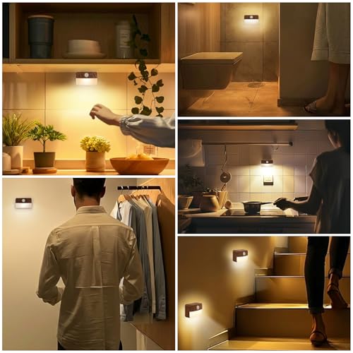 Image of Guankai 16 Pack Motion Sensor Stair Light for Indoor, Battery Operated Closet Lights, Wireless Stick on Anywhere Hallway Lamp, Portable Led Night Lamps for Bedroom Under Cabinet Kitchen, Wood Grain