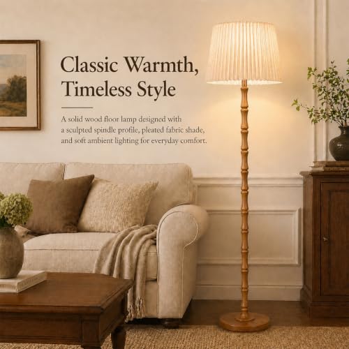 Image of Real Wood Floor Lamp with Dual Lampshades, Sculptural Spindle Standing Lamp with Foot Switch, Modern Farmhouse Dimmable Floor Lamp for Living Room, Bedroom, Reading Corner & Cozy Home Decor