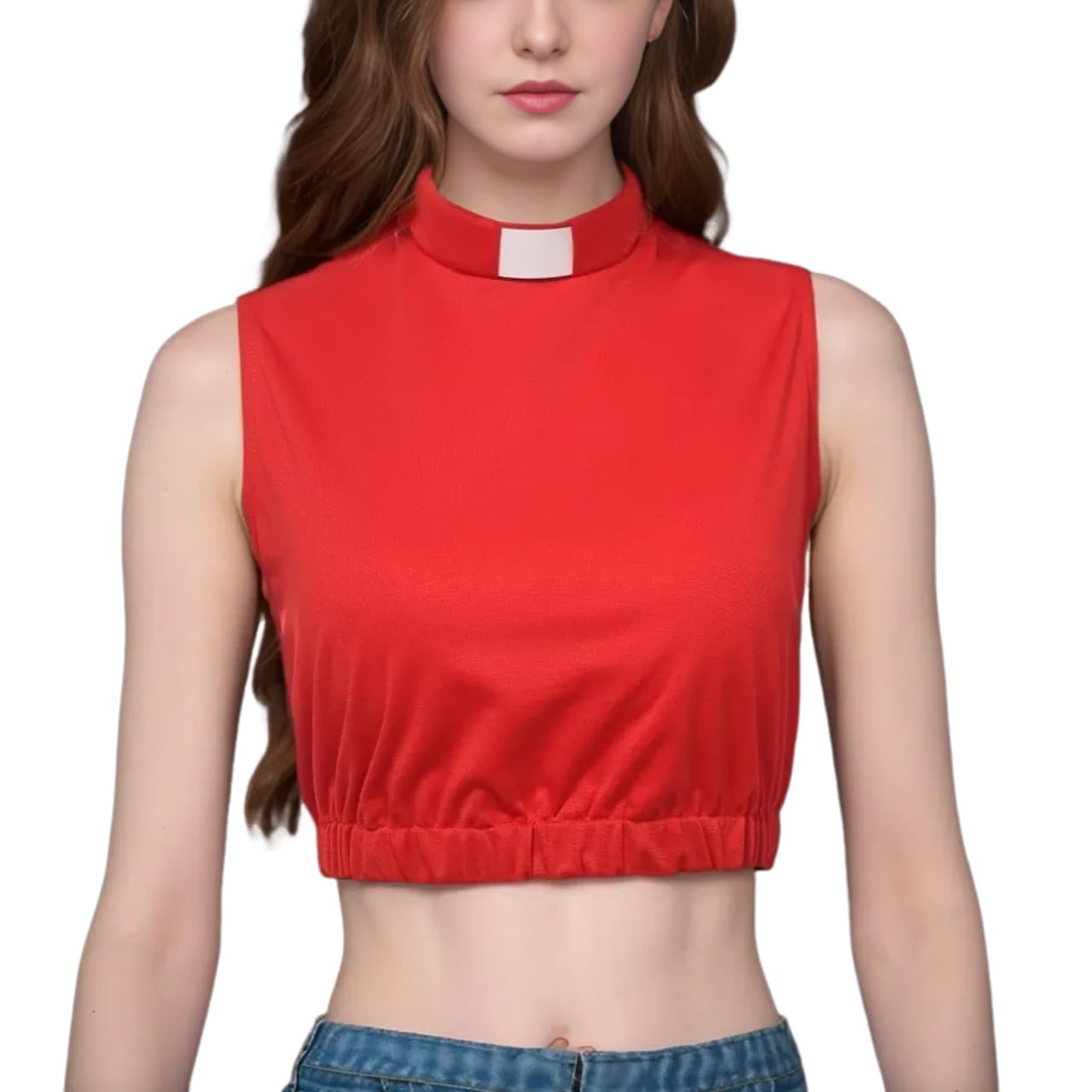 ANDHOM Women's Clergy Crop Top Sleeveless T-Shirt Tab Collar Clergy Priest Church Clergy Bib