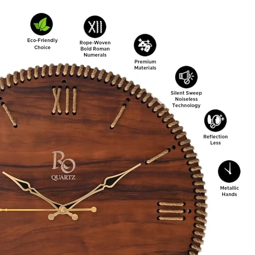 Image of Wooden Round Shape Roman Dial Analog Clock with Golden Hand and Golden Jute Rope Detailing | Silent Quartz Movement Anti Reflection Wall Clock for Home and Office (Brown, 15.5 inch)