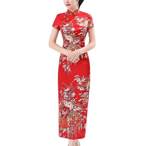 keepmore Fashion Summer Peacock Print Satin Long Cheongsam Chinese Style Women Slim Qipao Dress