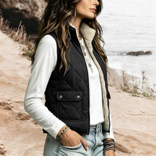 Womens Sherpa Lined Vest Lapel Collar Full Zip Diamond Quilted Jacket - image 5