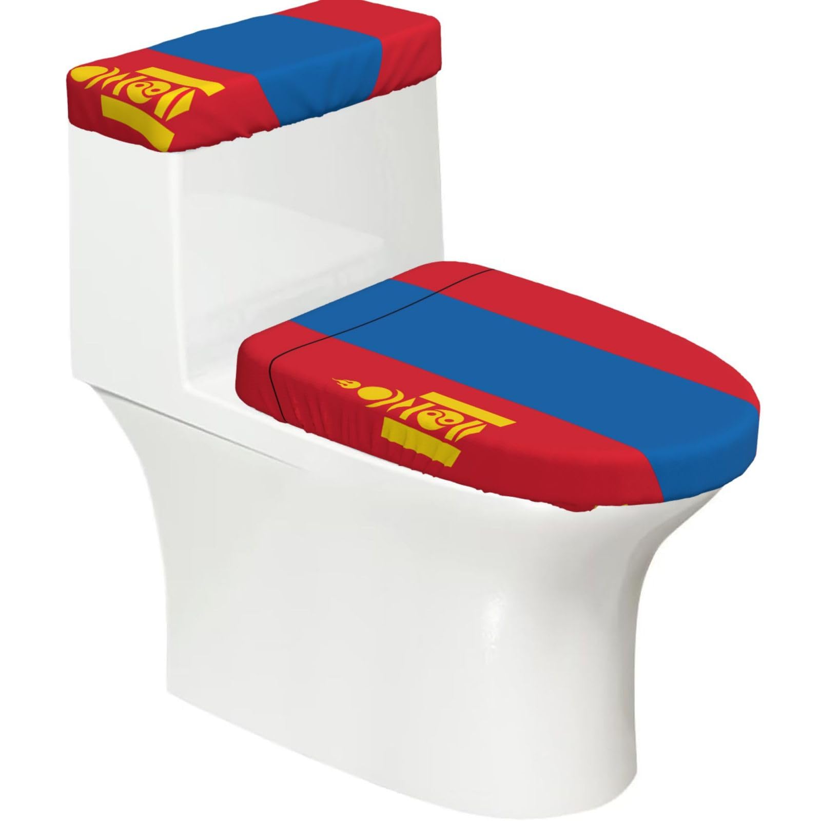 Mongolian Flag Elastic Toilet Cover Set of 2-Stretchy Lid and Tank Covers for Bathroom, Soft Washable U Shape Toilet Decor