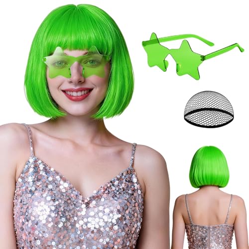 rookea Grass Green Bob Wig Neon Bobs Star Sunglasses Set for Women Colorful Party Funny Wigs with Bangs Hair Cap for Mardi Gras St. Patricks Day Christmas Costume Nightclubs Fairy Outfit