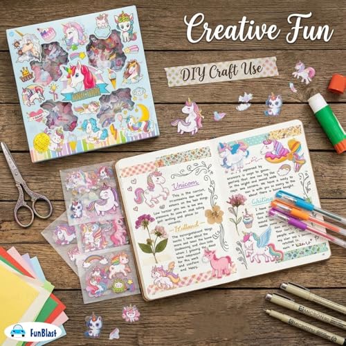 Image of FunBlast Unicorn Theme PET Stickers, Kawaii Sticker - 100 Sheets; 500+ Pcs Aesthetic Sticker, Japanese Style Craft Stickers, Self-Adhesive Sticker's Set - Multicolor (Blue)