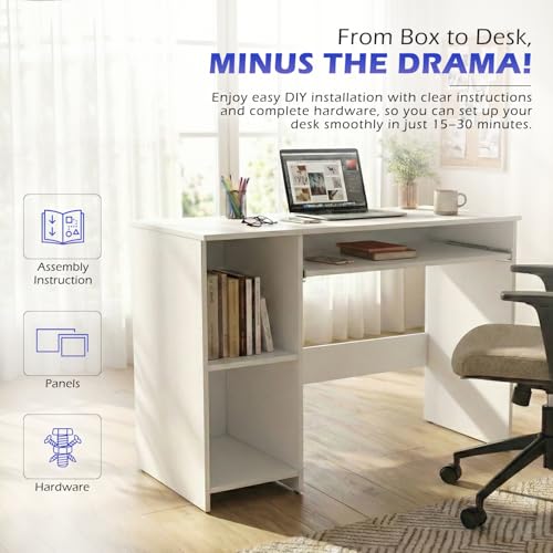 Image of 104x50x75CM Engineered Wood Study Table with Keyboard Tray & 2 Open Storage Shelves for Home, Office | Scratch & Moisture Proof Computer, Laptop Table | 1 Year Warranty- Everest White