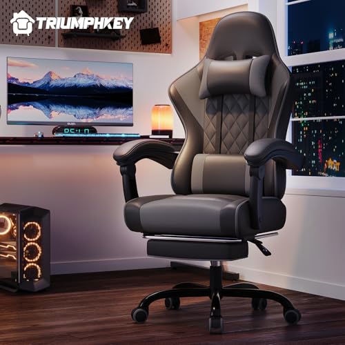 TRIUMPHKEY Gaming Chair for Adults with Footrest, Ergonomic Computer Chair with Massage Lumbar Support, Reclining Backrest, Swivel Office Gamer Chair with Headrest (Grey) - Image 3