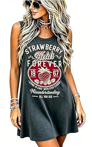 Image of Vintage Rock Country Music Dress for Women Rock Concert Band Graphic Tshirt Casual Letter Print Short Dress