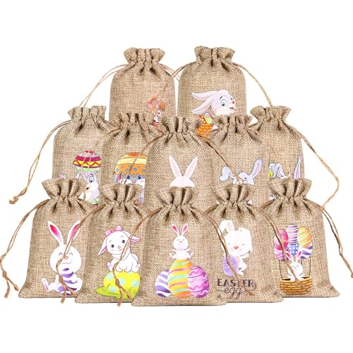 Bolsas De Pascua Para Niños,Juego De 12 Piezas De Lino Reutilizable,Bolsas Para Caza De Huevos De Pascua | Para Infantil Cumpleaños y Regalos de Niños y Niñas