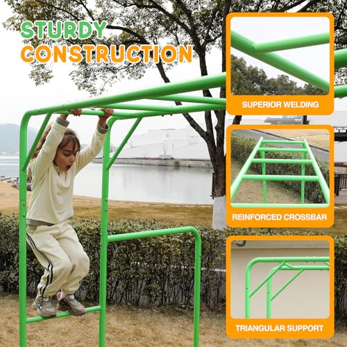 Outdoor Monkey Bar Set with Climbing Frame, Gymnastics bars, Playground Sets for Backyards, Metal Monkey Bars for Kids Age 3 and Up, Backyard Playground Set with Powder Coated Steel, Green