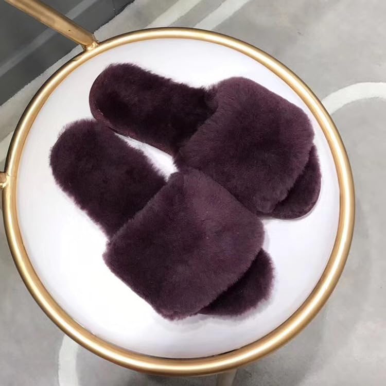 Generic2023 Women Natural Fur Slippers Winter Shoes Big Size Home Slippers Real Wool Indoor Slipper Warm Casual Shoes for Bedroom (Grape Purple, 6)