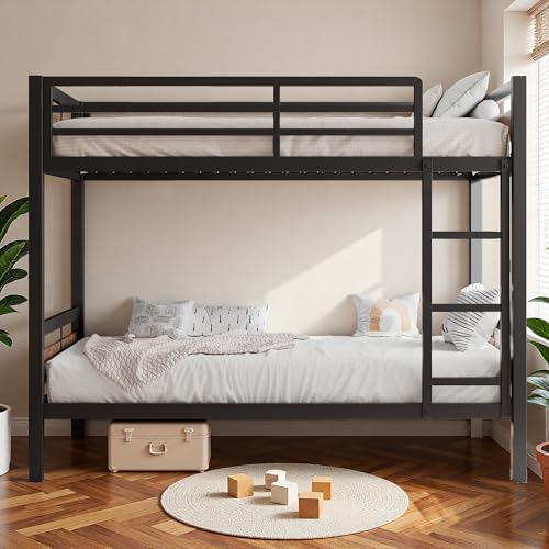 Image of iPormis Metal Bunk Bed Twin Over Twin, HeHeavy Duty Bunk with High Guardrail and Safety Entrance Design, Under-Bed Storage Space, No Box Spring Needed, Noise Free, Vintage Brown