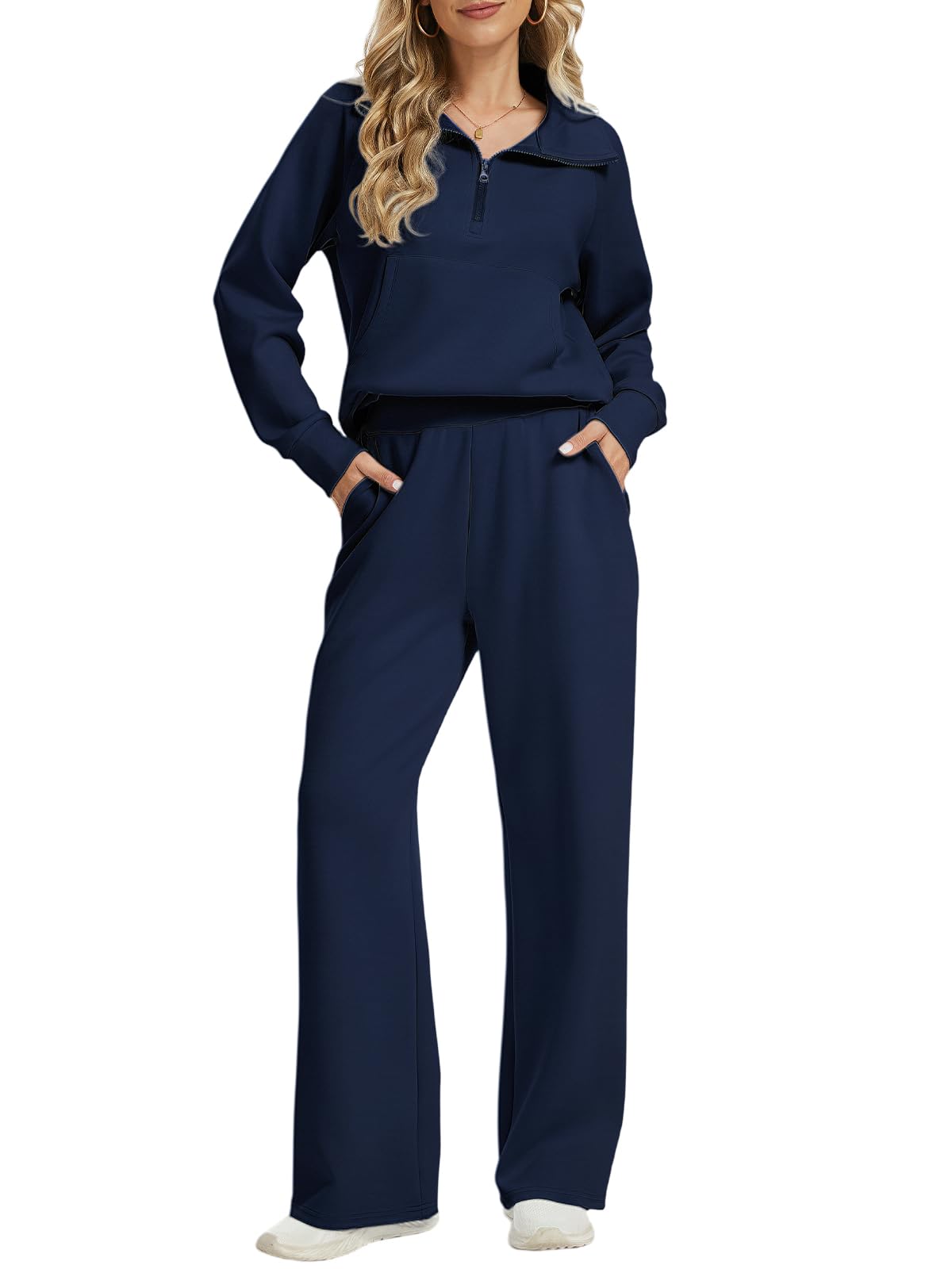 Amzdora Women 2 Piece Outfits Casual Sweatsuit Oversized Sweatshirt With Front Pocket And Wide Leg Pants Tracksuit Sets