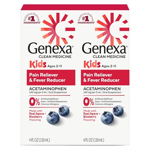Image of Genexa Children's Clean Acetaminophen | Pediatrician Preferred Ingredients | Pain & Fever Reducer for Kids | Dye Free, 0% Artificial Additives | Ages 2-11, Delicious Organic Blueberry Liquid, 4 fl oz