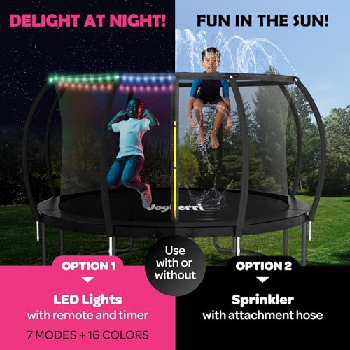 Image of JoyBerri Upsurge Trampoline Outdoor - ASTM Certified Safe 8Ft 10Ft 12Ft 14Ft 15Ft 16Ft Recreational Trampoline for Kids and Adults. Anti-Rust Coating with Enclosure Net, Ladder, Sprinkler & LED Lights
