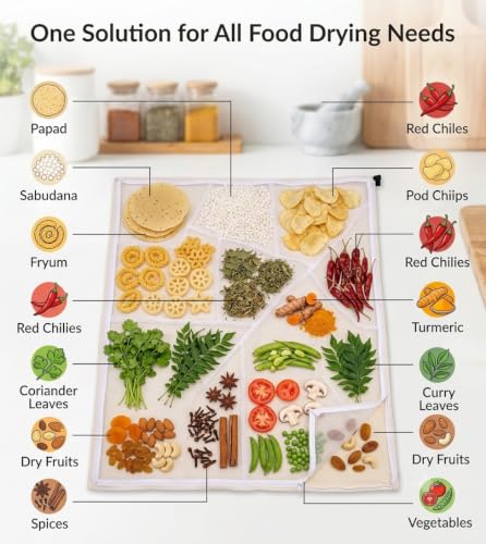 Image of 150x150 cm Unbleached Cotton Drying Cloth with Mesh Net & Zipper | Breathable Food Drying Cover for Papad, Vadagam, Spices, Grains, Millets & Herbs | Reusable Washable