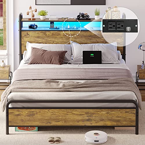 Hasuit Led Queen Bed Frame With 2-Tier Storage Headboard, Industrial Platform Bed Frame With 2 Outlets And 2 Usb Ports, Strong Steel Slats Support Mattress Foundation, No Box Spring Needed #TOP16