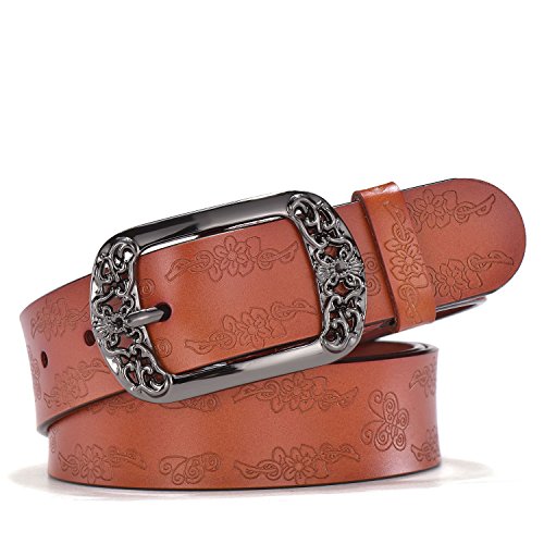TUNGHO Vintage Genuine Leather Belts for Women with Embossed Pin Buckle for Western