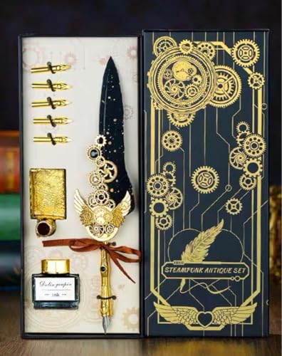 Image of PLUSPOINT Vintage Quill Feather Pen and Ink Set, 8 pc pack Elegant Writing Luxury Fountain Calligraphy Ink Pen Set Retro Decor Dip Pen Office Stationery Corporate Gifting for Signature, Multicolor