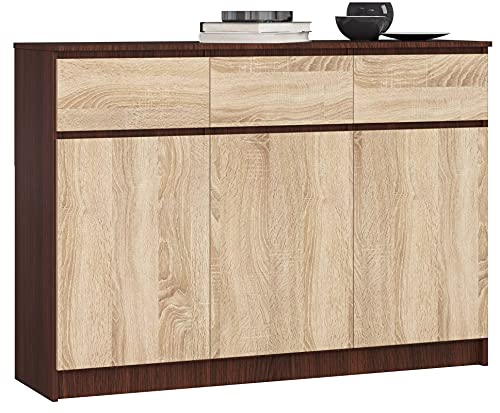 AKORD Kommode K 140 cm | 3 Schubladen und 3 Türen | für das Wohnzimmer Schlafzimmer Schrank Büro Arbeitszimmer | Modernes funktionales Design Schichtstoffplatte 16mm Farbe Wenge/Sonoma