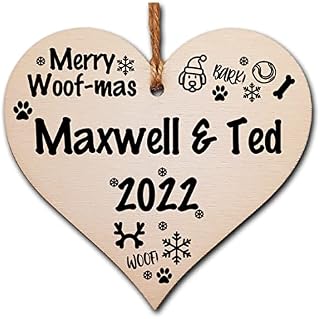 Personalised Handmade Christmas Hanging Wooden Heart Plaque Decoration Gift for dog lovers to hang on the Xmas tree or as a gift tag