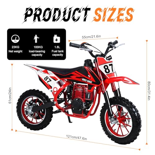 kiskick 49cc Kinder Dirt Bike, 4-Takt Mini Dirt Bike Gas Power, Mini Motorrad Kinder Pocket Motorrad mit Scheibenbremsen Off Road Motocross Gas Motorrad Mini Kid Dirt Bike Gas Bike Rot – Bild 3