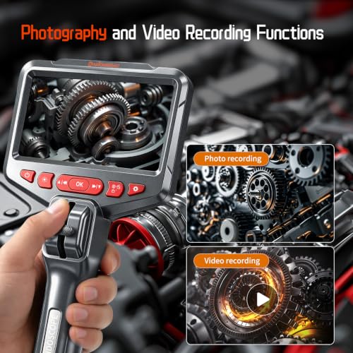 Image of Two-Way Articulating Borescope, 1080P HD Industrial Endoscope Inspection Camera with 8 LED Lights, Mechanical Tool for Automotive, HVAC, Plumbing, IP67 Waterproof & 5ft Semi-Rigid Flexible Snake Probe