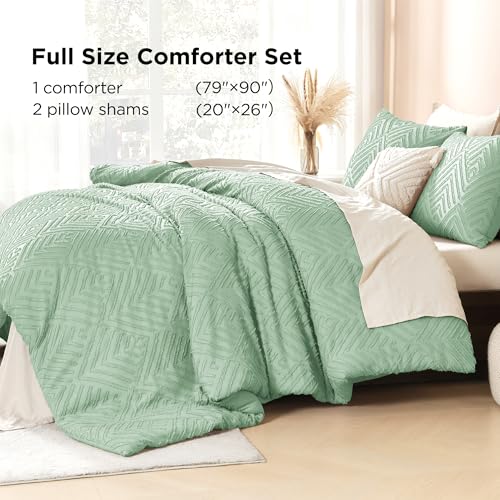 Image of Litanika Sage Green Full Comforter Set, 3 Pieces Tufted Boho Farmhouse Bedding Comforter Sets, Lightweight Fluffy Comforter Bed Set for All Season (79x90In Comforter and 2 Pillowcases)