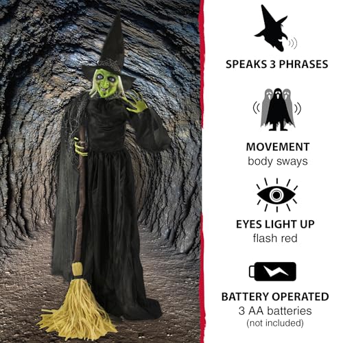 Haunted Hill Farm 71-in. Witch with Broomstick Animatronic, Indoor/Outdoor Halloween Decor, Poseable & Talking Animated Halloween Prop, Battery Operated