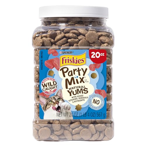 Purina Friskies Natural Cat Treats, Party Mix Natural Yums With Wild Caught Tuna and Added Vitamins, Minerals and Nutrients - 20 oz. Canister