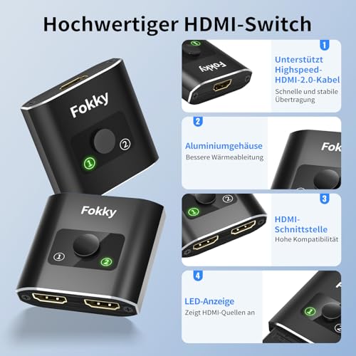 Fokky HDMI Switch HDMI Splitter 4K@60Hz, Aluminium Bidirektional HDMI Switch 2 in 1 Out oder 1 in 2 Out HDMI Verteiler, HDMI Switcher Unterstützt HD 4K 3D 1080P für Xbox PS4 HDTV Blu-Ray DVD