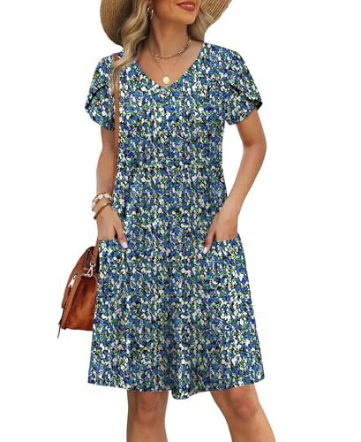 Image of OFEEFAN Womens Summer Dresses 2026 Tulip Petal Short Sleeve V Neck Loose Swing Sundresses with Pockets Plain /Print