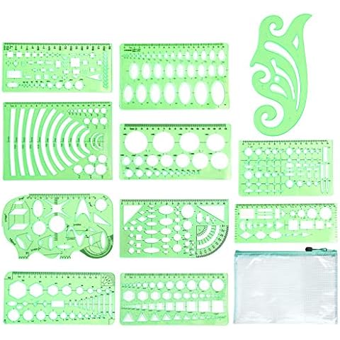 11 Pcs Geometric Drawings Templates Measuring Rulers Plastic Measuring Templates Plastic Geometry Stencils with Storage Bag for Office and School, Building Formwork, Drawings Drafting Cover