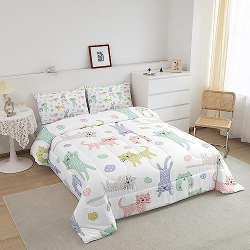 Image of Feelyou Cat Comforter Queen Size, Cute Kitten Cat Comforter Set Colorful Cat Animals Comforter Set for Kids Toddler Kawaii Pet Cats Duvet Set Microfiber Quilt Set