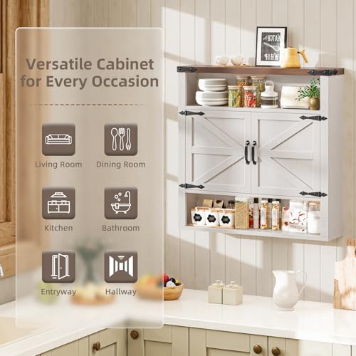Image of Bathroom Wall Cabinet, Farmhouse Medicine Cabinet with Adjustable Shelves and 2 Barn Doors, Wall Mounted Over the Toilet Storage Cabinet for Bathroom, Laundry Room, Kitchen, Rustic White and Brown