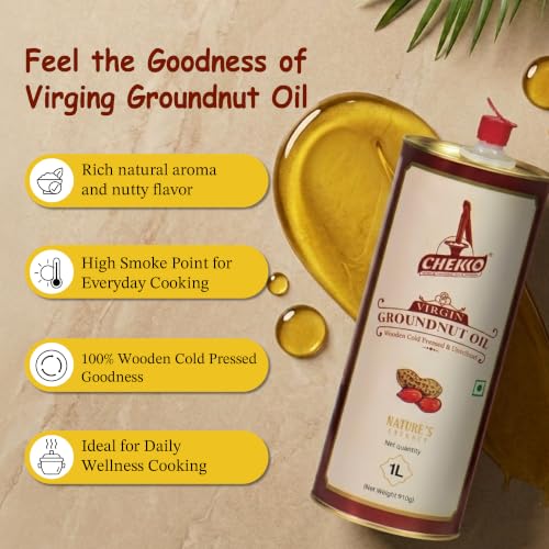 Image of Chekko Cold Pressed Groundnut Oil 2 Litre | Wood Pressed Peanut Oil | 100% Pure, Unrefined & Filtered | Kachi Ghani groundnut oil | Natural Cooking Oil for Frying & Daily Use (1 Litre*Pack of 2)