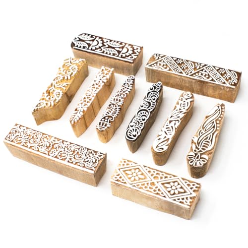 Image of Wooden Stamp Block, Printing Stamp Design Set | Block for Printing Saree Border | Dresses, Craft Card Making, Scrapbook, Clay Pottery | Set of 10