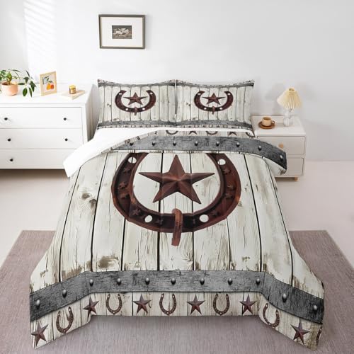 Image of Western Texas Star Comforter Set for Girls Boys Horseshoe Comforter Rustic Wood Grain DecorBedding Set Cabin Lodge Duvet Set Full Size 3Pcs Quilt Boys