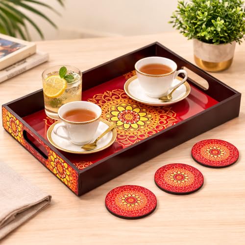 Image of GKD Serving Tray Set for Serving | Premium MDF Tea Coffee | Red Mandala Art
