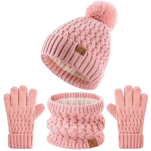 Kids Pompom Winter Beanie Hat Scart Gloves Set,Boys Girls Knitted Fleece Lined Woollen Hat for Children's Toddler 3-9 Years