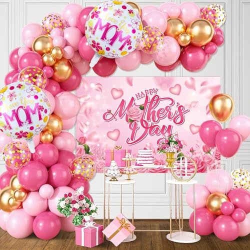 Mothers Day Balloon Arch Kit Hot Pink Gold Balloon Garland Kit with Happy Mothers Day Backdrop Mom Foil Balloons for Moms Day Party Decorations