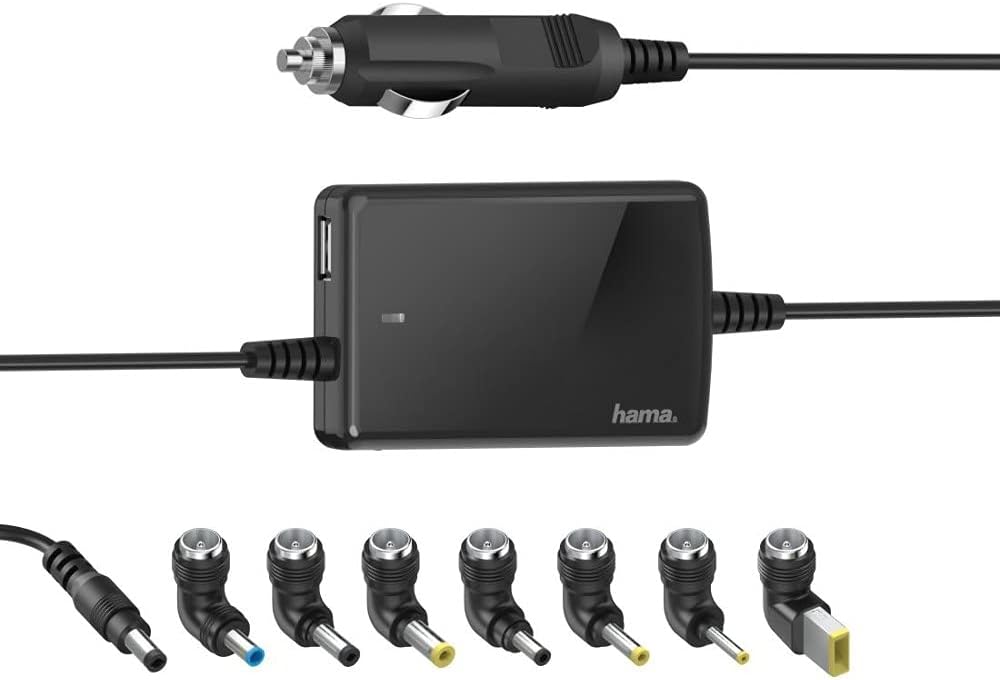 Hama Car Notebook Power Supply 15 V, 16 V, 19 V, 70 W (Universal Power Supply for Laptop and Tablet, Includes 8 Notebook Plugs for Standard Models, Laptop Charger with Additional USB Charging Port,