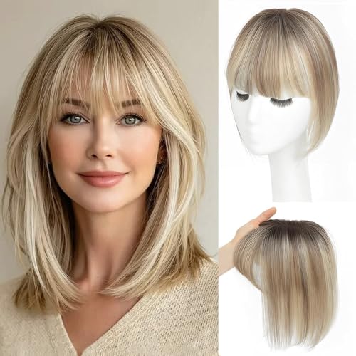 BUTYWAY Hair Toppers for Women 3.5x4 inch Hand-woven Swiss Base Hair Topper with Bangs 10 Inch (Ombre Light Brown with Blond Highlight)2T