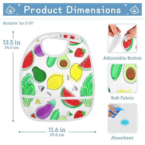 MCHIVER Veggie Fruit White Baby Bibs for tag1 Waterproof Feeding Bib Apron with Food Cather Adjustable Cotton Food Eating Bib 2 Pack2