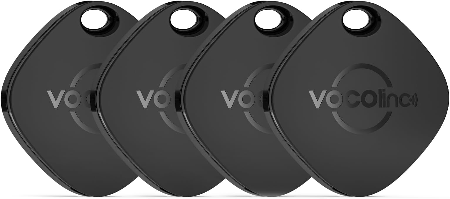 [Apple MFi Certified] VOCOlinc Air Tracker Tags 4 Pack Black, Smart Key Finder Work with Apple Find My APP (iOS Only,Not for Android), Item Locator for Luggage Suitcases/Bag/Wallet,Replaceable Battery